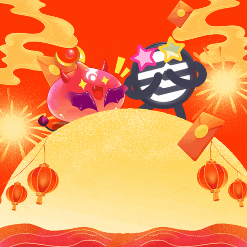 a cartoon drawing of a monkey and a devil with lanterns and fireworks in the background