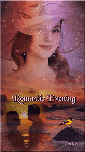 a painting of a woman with the words romantic evening