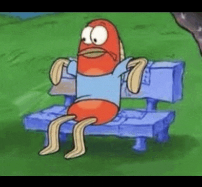 a cartoon character is sitting on a blue bench in the grass .