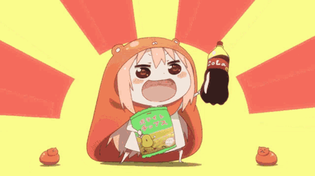 a girl in a bear hood is holding a bottle of cola