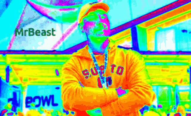 a colorful image of a man with the words mrbeast bowl in the corner