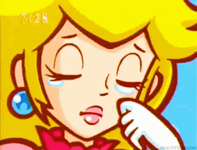 a cartoon of princess peach crying with the time of 7:28