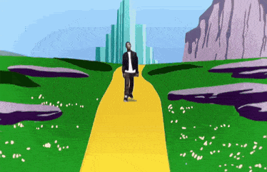 a man walking down a yellow path in a cartoon