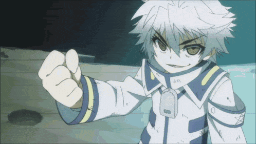 a cartoon character with white hair and a tag that says ' am ' on it
