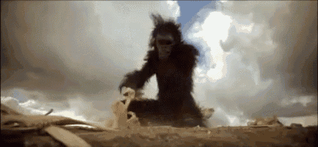 a silhouette of a monkey sitting on the ground with a cloudy sky in the background