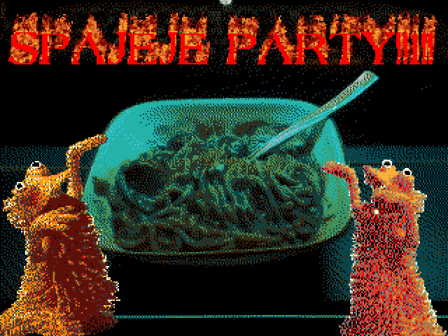 two sesame street characters standing next to a plate of spaghetti