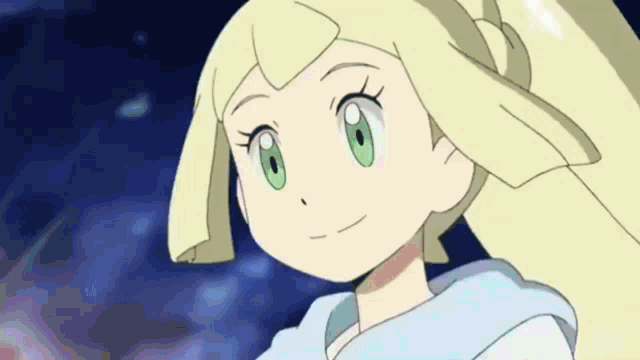 a cartoon character with blonde hair and green eyes is smiling .
