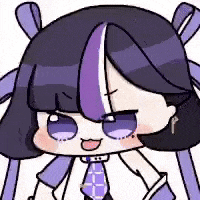 a cartoon character with purple hair and a purple tie is smiling .