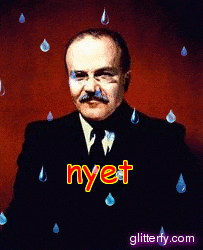 a man in a suit and tie is surrounded by rain drops and the word nyet is written in red