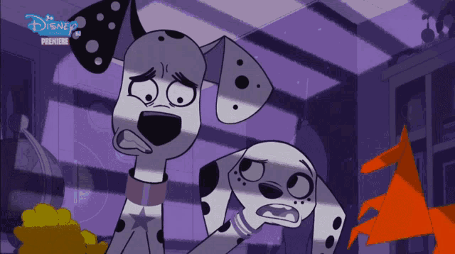 two dalmatian dogs are standing next to each other in a disney channel cartoon