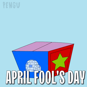 a penguin wearing a jester hat is coming out of a box with the words april fool 's day below it