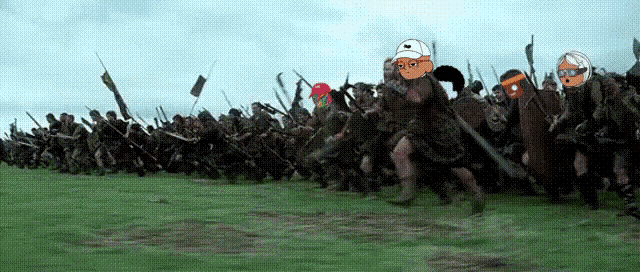 a large group of soldiers are running in a field