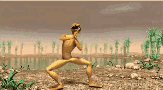 a frog is dancing in front of a body of water and palm trees