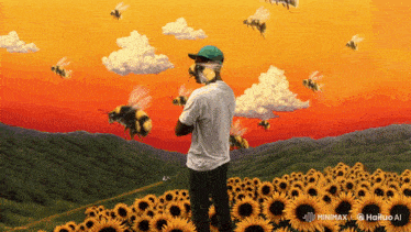 a painting of a man in a field of sunflowers with bees flying around him