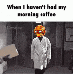 a man in a lab coat with a robot helmet on his head is walking in a room .