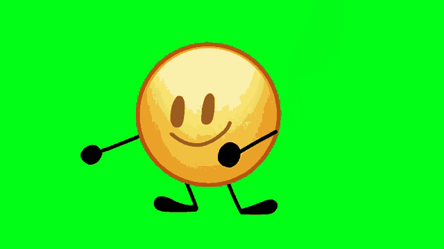 a yellow smiley face with arms and legs on a green background