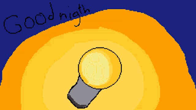 a pixel art drawing of a light bulb with the words good night written above it