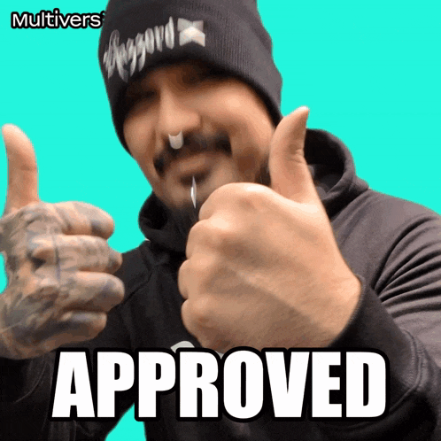 a man giving a thumbs up with the word approved in the corner
