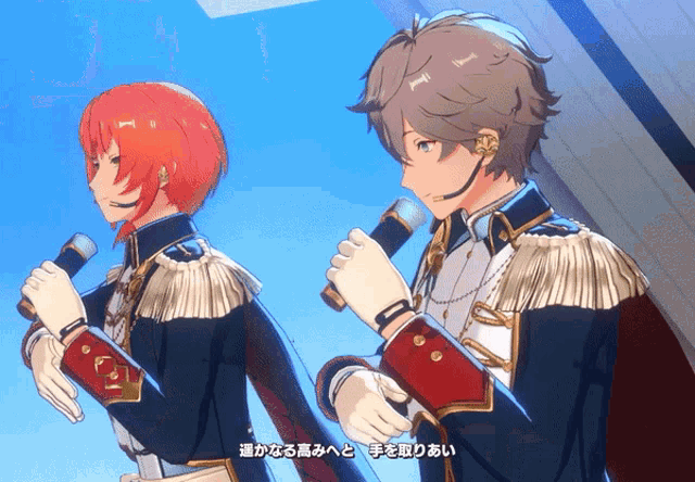 two anime characters standing next to each other holding microphones with chinese writing on the bottom