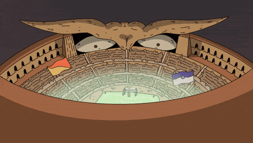a cartoon drawing of an owl in a stadium with a soccer field in the middle