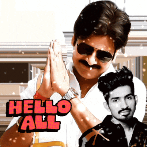 a man with sunglasses and a mustache says hello all in red letters