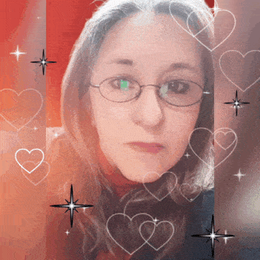a woman with glasses and hearts around her