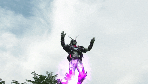 a robot is flying through the air with a purple light coming out of it