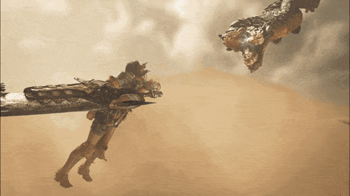 a man with a sword is flying through the air with a monster behind him