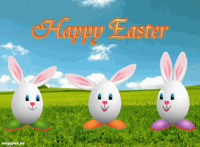 a happy easter greeting card with three bunny eggs in a grassy field