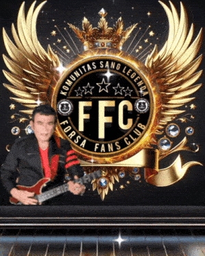 a man is holding a guitar in front of a logo for the ffc fans club