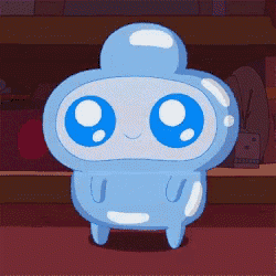 a blue and white cartoon character with big blue eyes and a smiling face