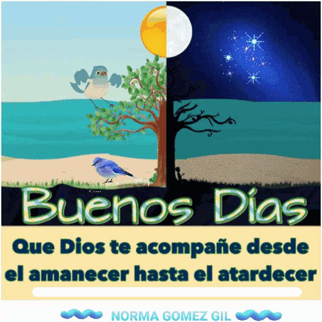 a picture of a bird and a tree with the words buenos dias on it