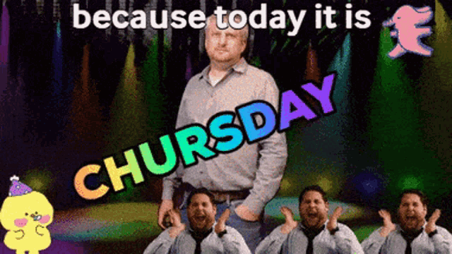 a man standing in front of a sign that says because today it is thursday