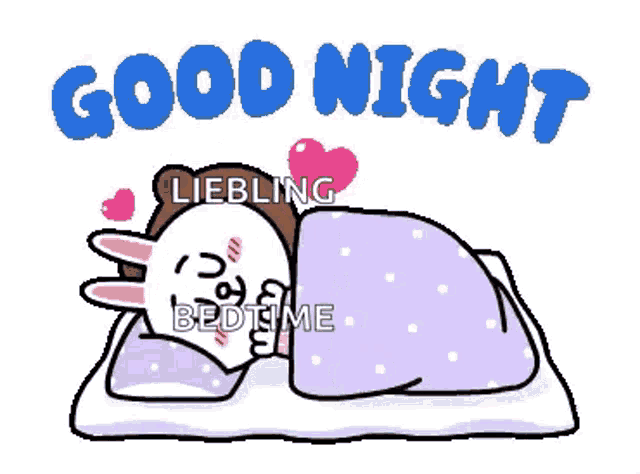 a brown bear is laying on a bed under a blanket with the words `` good night liebling bedtime '' written on it .