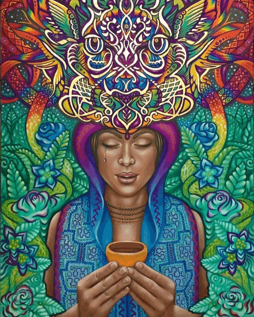 a colorful painting of a woman holding a bowl