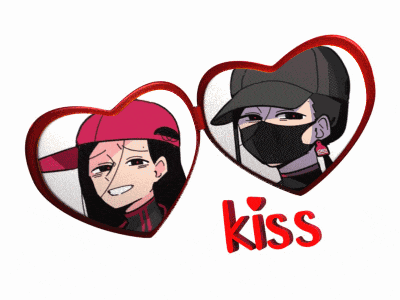a couple of hearts with the word kiss in red