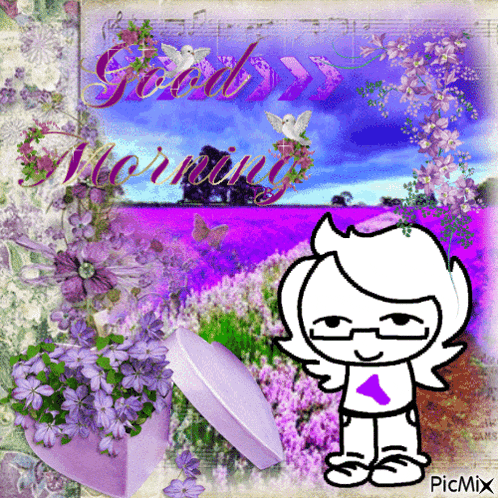 a cartoon character with purple flowers and the words good morning