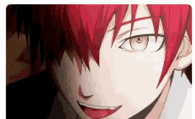 a close up of a anime character with red hair and a smile on his face .
