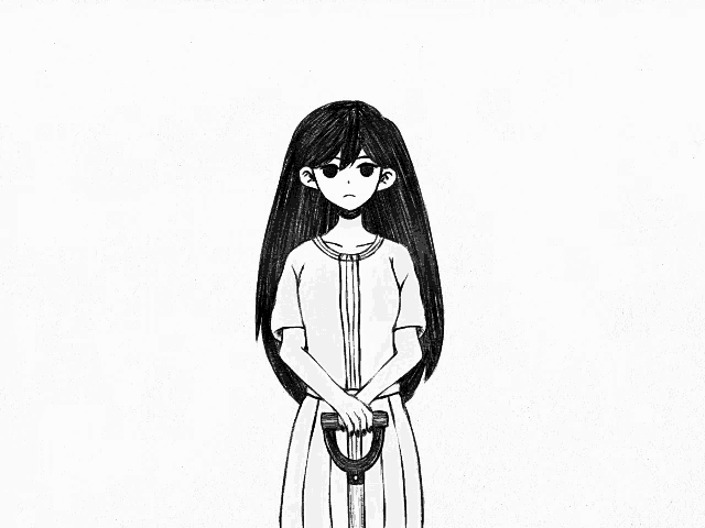 a black and white drawing of a girl with long hair holding a shovel