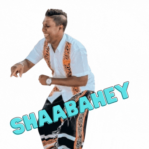 a man in a white shirt and black pants is dancing with the words shaabahey above him