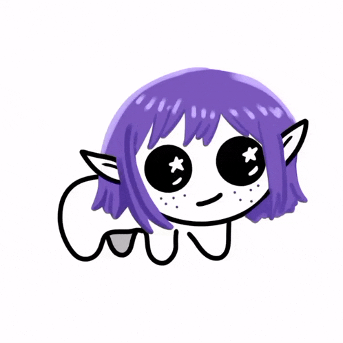 a black and white drawing of a girl with purple hair