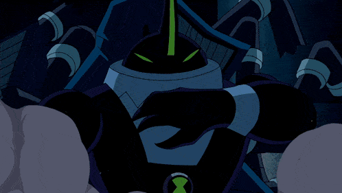 a cartoon character with a green arrow pointing to the right