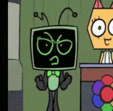 a cartoon character with a green screen on his head is standing next to a yellow cat .