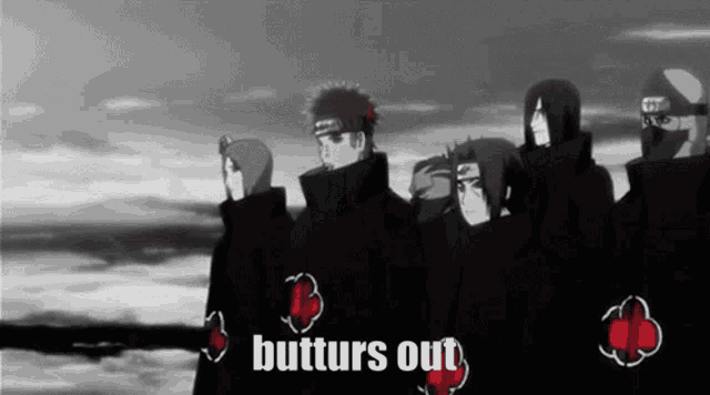 a group of anime characters are standing next to each other and the words butturls out are visible