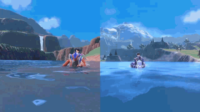 a video game shows a man and a woman in the water