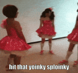 a girl in a pink dress is standing next to another girl with the words hit that yoinky sploinky below her