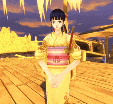 a girl in a yellow and pink kimono holds a sword