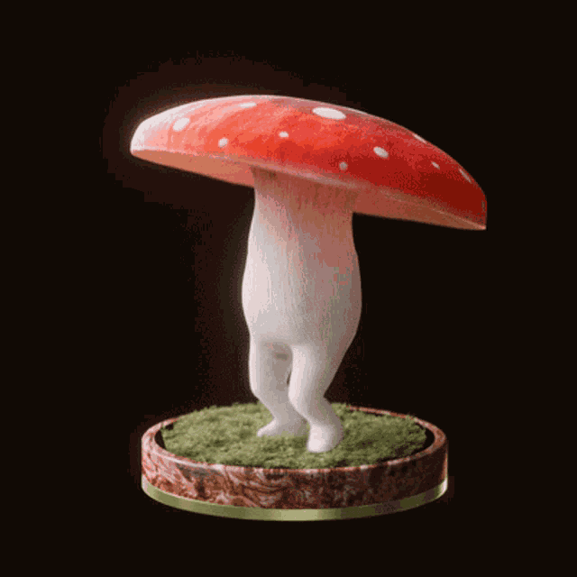a statue of a mushroom with white legs and a red cap