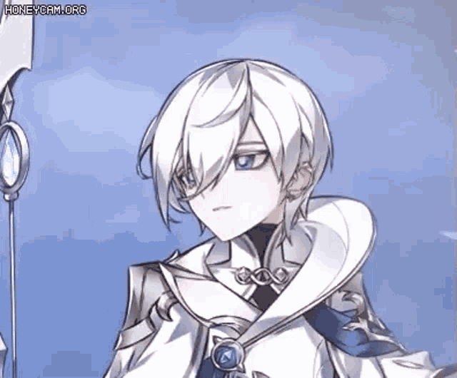 a young boy with white hair and blue eyes is holding a sword .