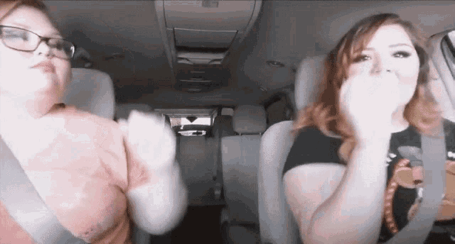 two women are sitting in the back seat of a van .